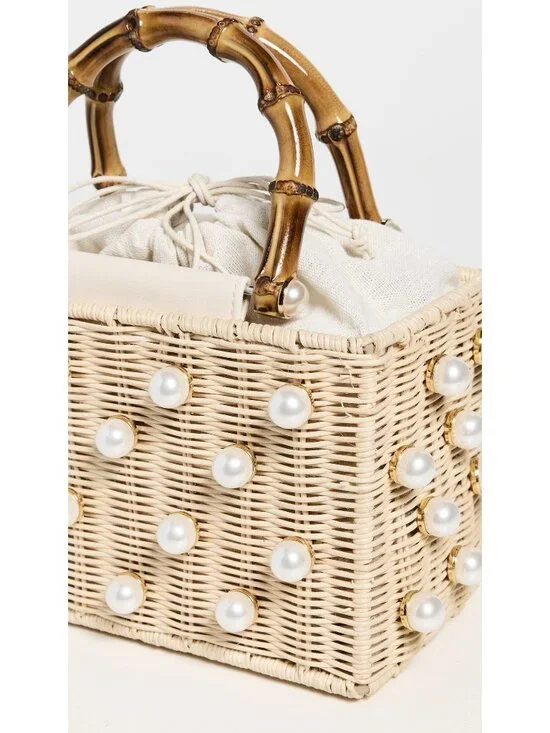 BTB Los Angeles Chloe Pearl Beaded Top-Handle Box Bag Handbag Raffia Tote Purse - Picture 3 of 14